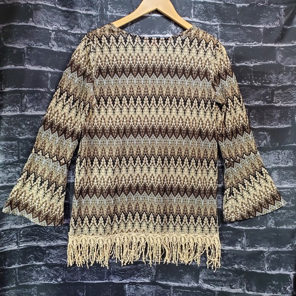 Toffee Apple Tunic Womens Small Brown Blue Tasseled Glitter Boho Peasant Top - Picture 11 of 12